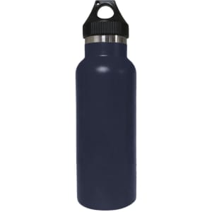 A drink bottle in navy blue, featuring a stainless steel inner and a black PP lid. It has a logo on the body.