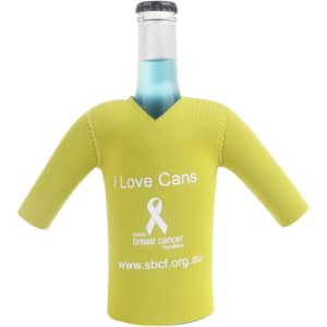 A drink bottle cooler in bright yellow, designed to resemble a cricket jersey, featuring a logo and message.
