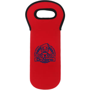 A drink bottle cooler in red with a handle and a logo on the front.