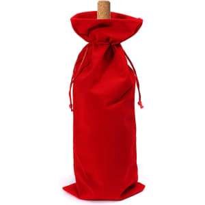 A drink bottle bag in bright red flannel with a drawstring closure and a cork top. It features a logo.