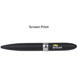 A black pen with a silver band, featuring a branding logo, designed for screen printing.
