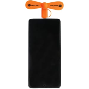 An orange 2 in 1 smartphone fan is attached to a black smartphone. The fan features a branding logo.