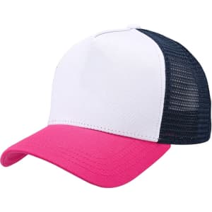 A pink and white trucker hat with a navy mesh backing and an adjustable strap, featuring a logo.