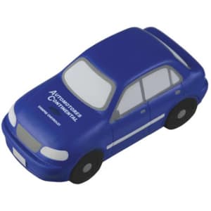 A blue sedan car-shaped stress reliever with a logo on the side, designed for fun and stress relief.