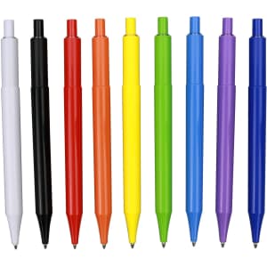 A collection of plastic pens in white, black, red, orange, yellow, green, blue, and purple with a logo.