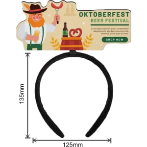A black foam headband featuring a festive Oktoberfest design and a logo at the top.