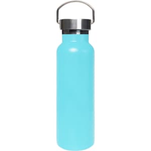 A drink bottle in a bright turquoise colour with a stainless steel lid and a carry handle.