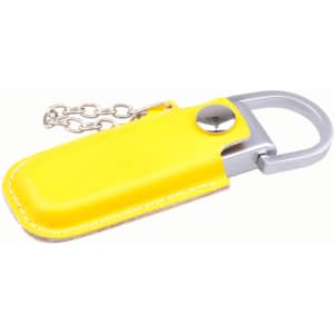 A yellow leather pouch flash drive with a silver metal attachment and chain. Features a snap closure.
