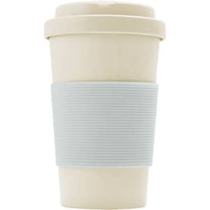 A drink bottle made of eco bamboo fibre, featuring a light grey silicone grip and a beige body. It has a logo.