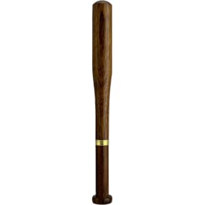 A brown baseball bat-shaped pen with a gold band near the base and a logo on its surface.