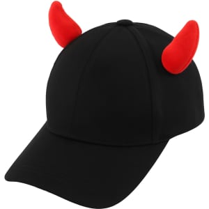 A black baseball cap featuring red, plush devil horns on the top. The cap has a logo on the front.