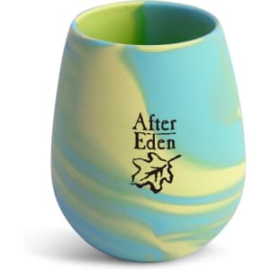 A silicone cup in blue and green marbled design, featuring a small logo on the front.