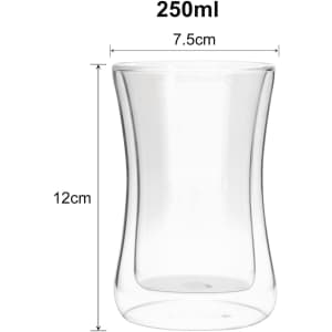 A drink bottle with a double wall design, made of clear glass, measuring 12cm in height and 7.5cm in diameter.