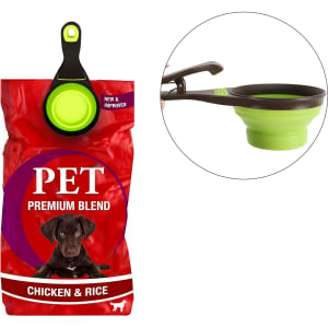 A red pet food bag with a brown and green collapsible scoop attached. The scoop is green with a brown handle.