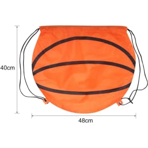 An orange drawstring backpack shaped like a basketball, featuring black stripes. It has a logo and measures 48cm wide by 40cm high.