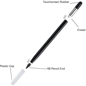 A black 3-in-1 pencil features a touchscreen rubber tip, eraser, and an HB pencil end, with a plastic cap.