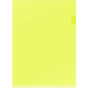 A4 L-shaped open folder in bright yellow, featuring a smooth surface and a rounded corner. It has a logo.
