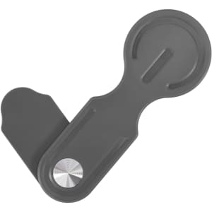 A plastic magnetic phone holder for laptop in grey, featuring a circular magnetic section and a logo.