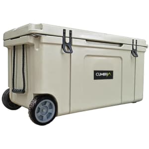 A 120L cooler box in beige, featuring wheels for mobility and a sturdy design, with a logo on the front.