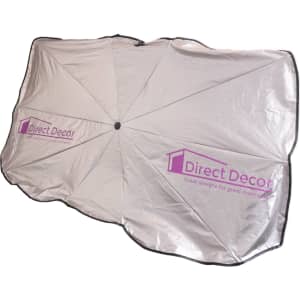 A small silver car shade umbrella featuring a logo, designed for outdoor sun protection.