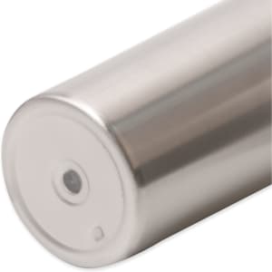 A drink bottle featuring a sleek stainless steel design with a round base and a subtle logo.