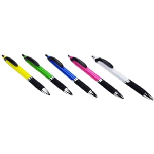 A collection of five coloured barrel ball pens in yellow, green, blue, pink, and white with black grips, featuring a logo.