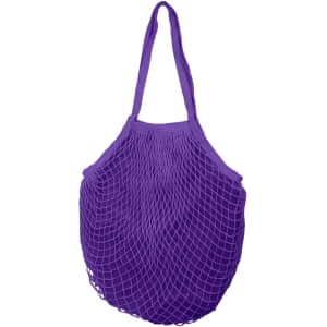 A purple mesh grocery bag with a spacious inner compartment and two shoulder straps. It has a woven design and a logo.