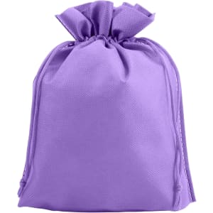 A purple non-woven drawstring bag with a gathered top and a logo featured on the surface.
