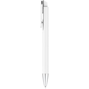 A plastic pen with a white barrel and silver accents, featuring a clip and a smooth writing tip.