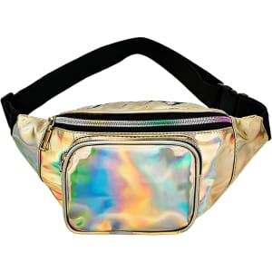 A holographic fanny pack in iridescent gold with a black adjustable strap and zippered pockets.