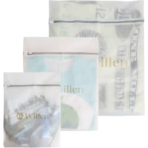 Three mesh laundry bags in varying sizes, featuring a translucent design with a zip closure and a logo.