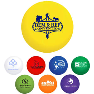 A yellow stress ball in a baseball shape featuring a logo, surrounded by various coloured stress balls.