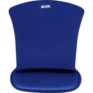 A blue gel mouse mat with a contoured design featuring a logo at the top.