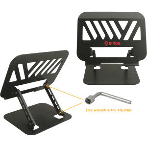 A foldable black metal laptop stand with a hex wrench slack adjuster. It features a modern design and branding.