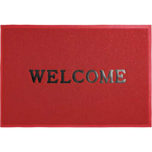 A red floor mat featuring a debossed logo and the word "WELCOME." Suitable for office and business use.