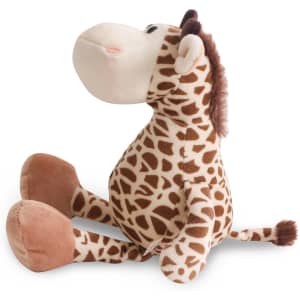 A soft plush toy giraffe, featuring a spotted design in tan and brown, with a gentle expression and sitting pose.