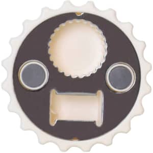 A drink bottle opener with a circular design, featuring a grey and cream colour scheme and a logo.
