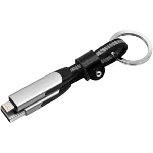 A braided charging cable with keyring, featuring silver and black colours. Includes multiple connectors for devices.