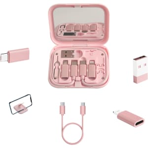 A pink charging data cable kit includes various connectors and a mirror inside a compact case.