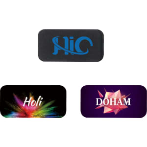 A set of three mini webcam covers in black and colourful designs, featuring a logo and graphic text.
