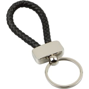 A metal keyring tag with a braided black strap and a shiny silver attachment. It features a logo.