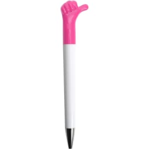 A pink and white pen featuring a thumb-up design at the top and a silver tip for writing.