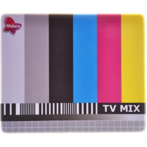 A mouse mat featuring bold stripes in blue, pink, yellow, black, and grey, with a logo in the corner.