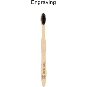 A large toothbrush with a wavy handle, featuring a wooden handle and black bristles. Includes a logo on the handle.