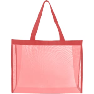 A transparent mesh tote bag with a red frame and straps. The bag features an open design without visible contents.