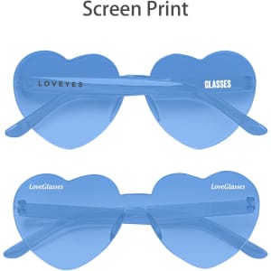 Heart-shaped sunglasses in a blue tint with a clear frame and branding on the arms.