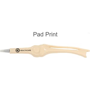 A pen shaped like a knee joint bone in beige, featuring a logo on its side.