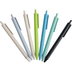 A collection of ballpoint pens in various colours: black, green, light blue, and neutral tones made from wheat straw.