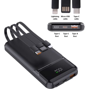 A black 10,000mAh eco fast charging power bank with integrated cables and multiple charging ports.