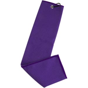 A purple waffle golf towel with a hanging loop and a textured surface. It has a logo on one side.